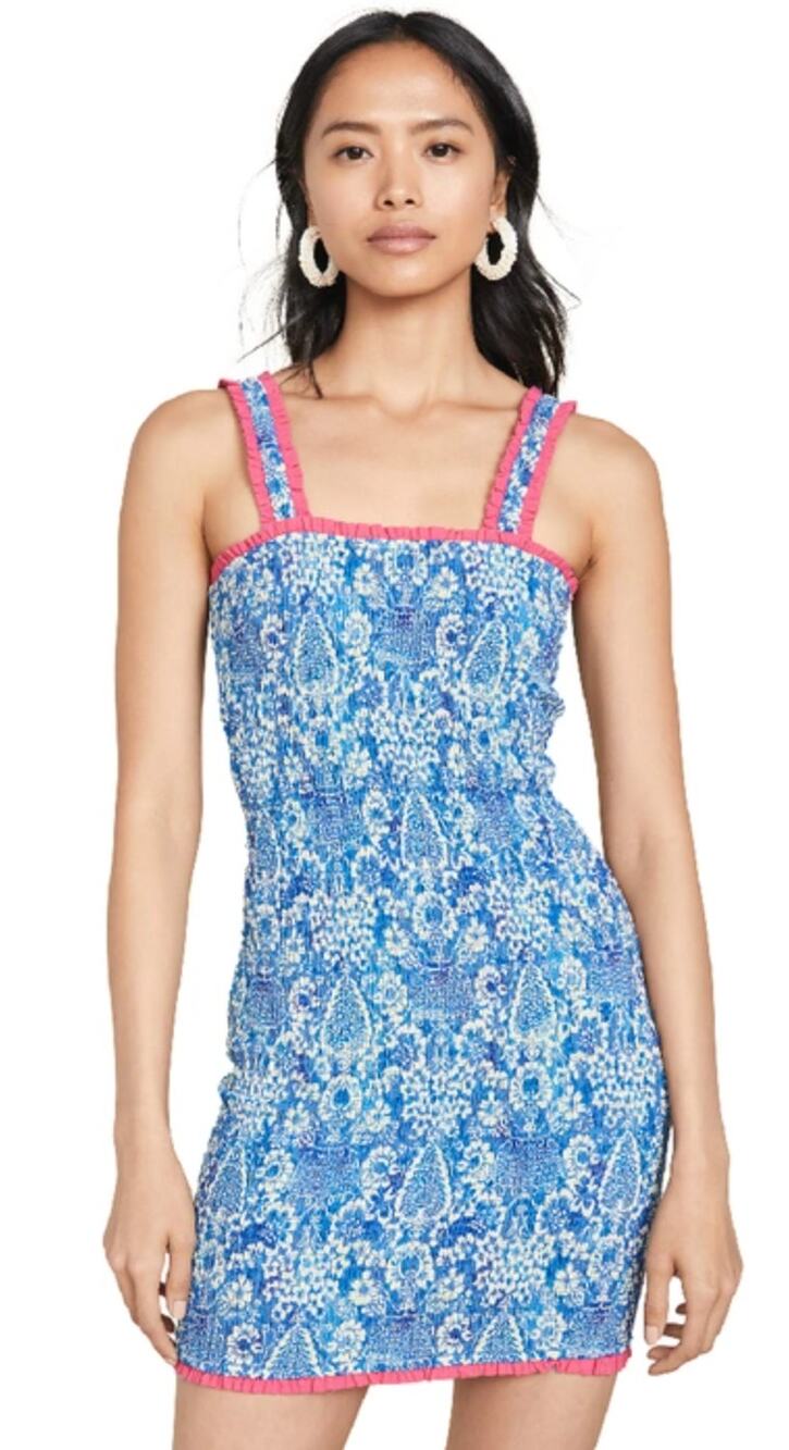 Rhode Resort Blue Jasmine Heart Hawaiian Smocked Mini Stretch Dress Small